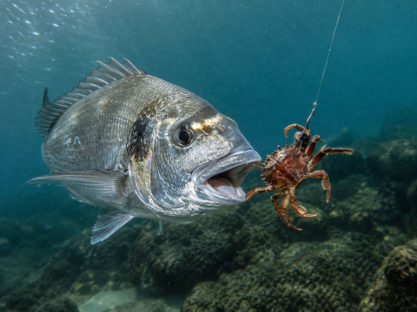 Una dorada con la boca abierta frente a un cangrejo entero montado en un anzuelo con bajo fino, bajo el agua sobre un fondo de roca con algas