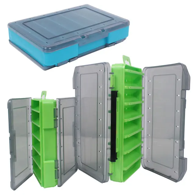 caja de pesca con múltiples compartimentos para señuelos y anzuelos