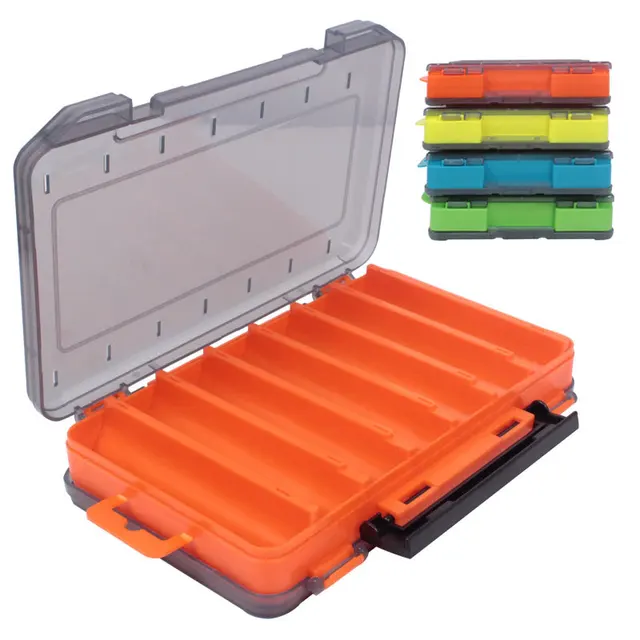 caja de pesca con múltiples compartimentos para señuelos y anzuelos